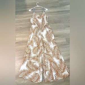 My street sleeveless M White Mustard Palm Print Bell Bottom Jumpsuit